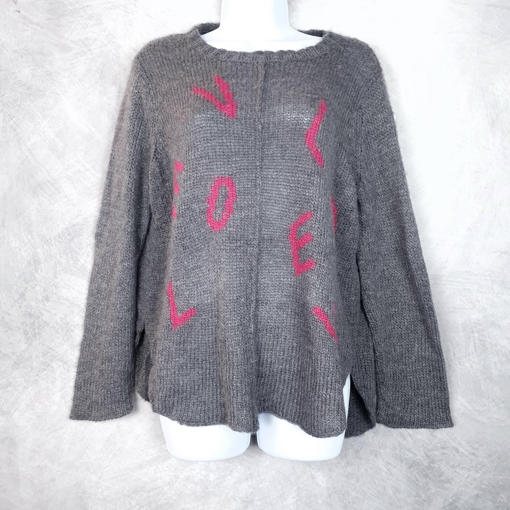 Wooden Ships Sweater Womens S/M Gray Love Graphic Mohair Blend Knit Pullover